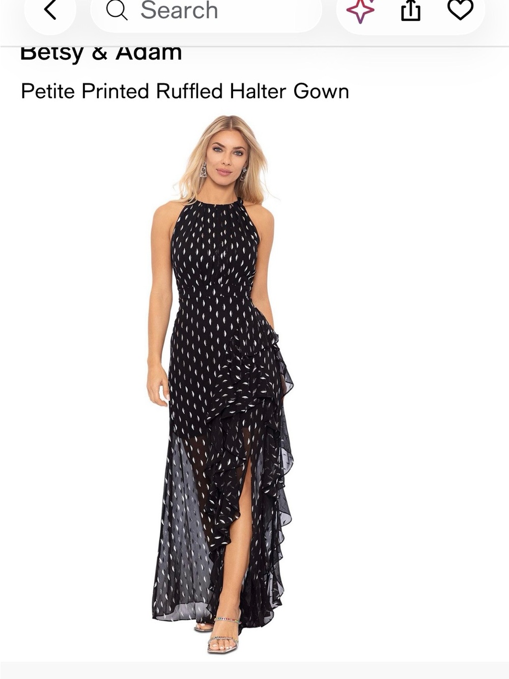 Betsy & Adam Black Printed Ruffled Halter Maxi Gown